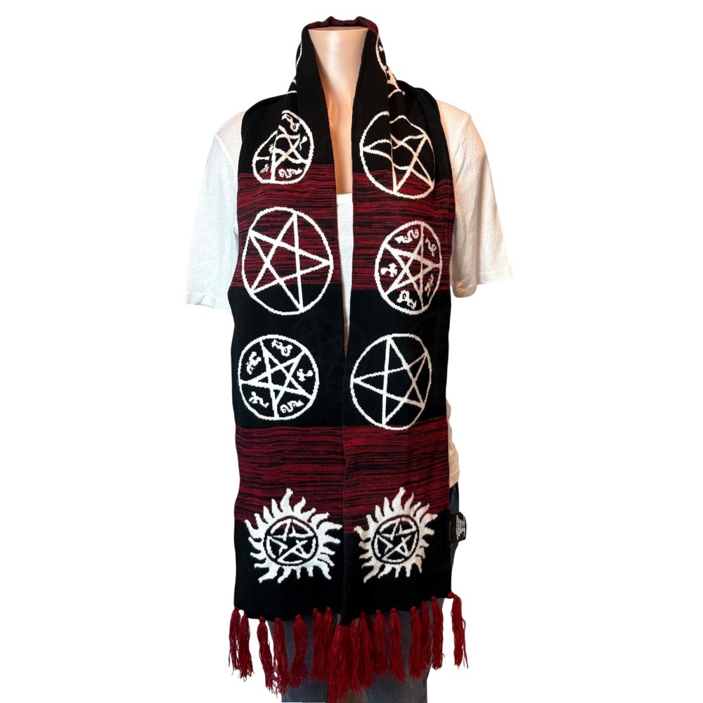 Hot Topic Supernatural Symbols Knit Scarf Black Red Pentagram Fringe